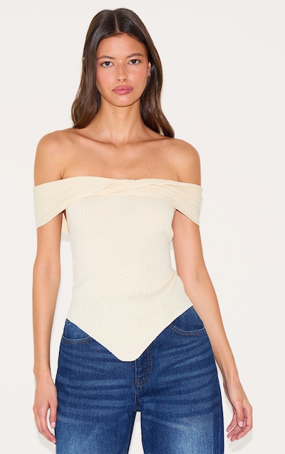 Top en maille tricot côtelée crème à col bardot et boutons
