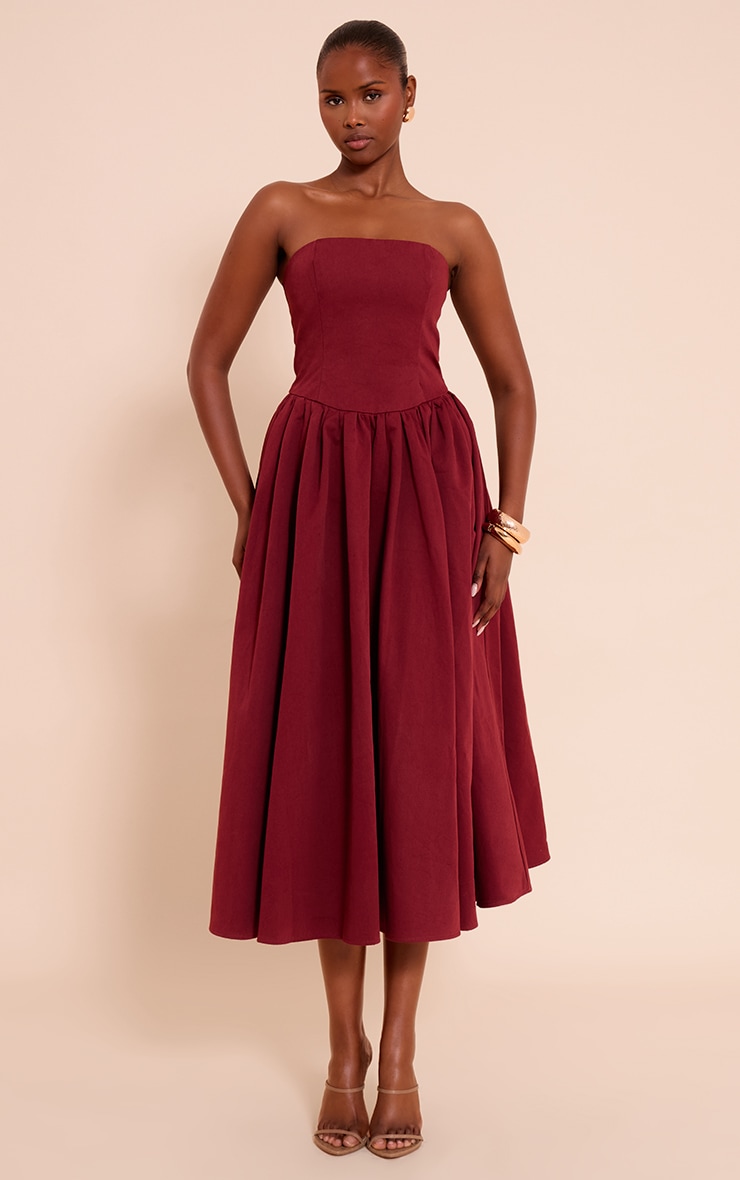 Burgundy Woven Bandeau Ruched Skater Midaxi Dress image 1