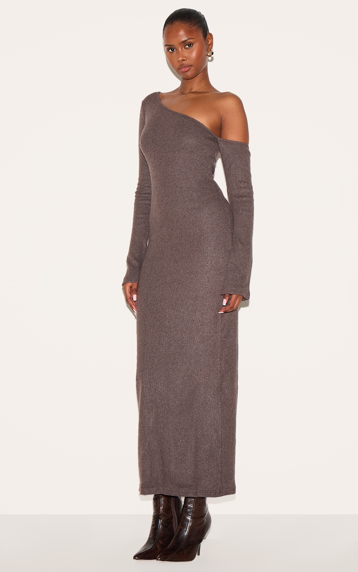 Chocolate Heavy Brushed Asymmetric Maxi Dress image 3