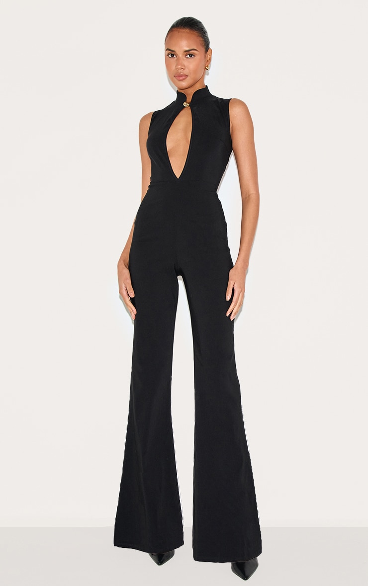 Black Stretch Woven Collared Gold Trim Straight Leg Jumpsuit image 1