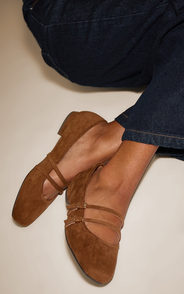 Tan Faux Suede Buckle Strap Square Toe Ballet Flats image 1