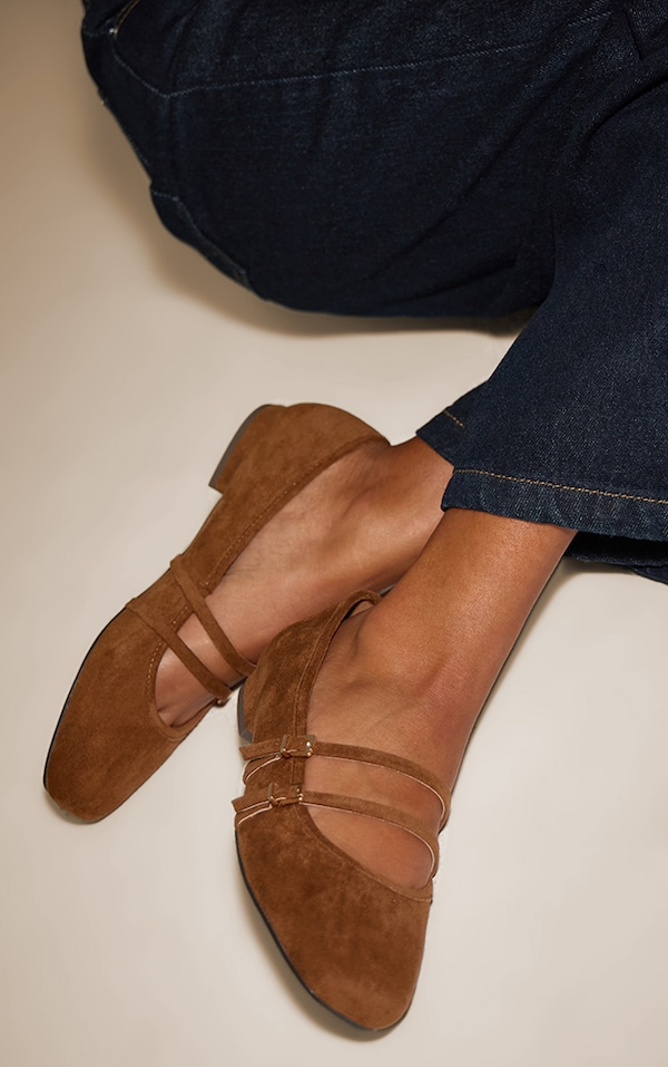 Tan Faux Suede Buckle Strap Square Toe Ballet Flats