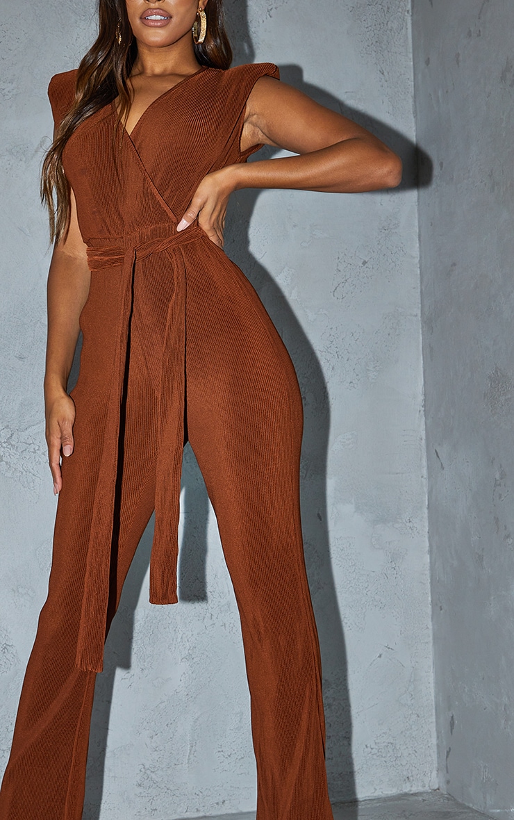 Chocolate Pleated Shoulder Pad Flared Leg Jumpsuit image 2