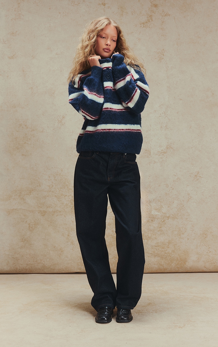 Navy Striped Brushed Knit Oversized Rugby Style Sweater  image 3