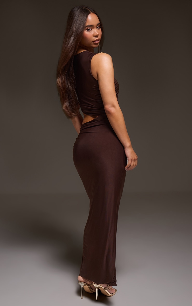 Chocolate Double Layer Slinky Cut Out Maxi Dress image 2