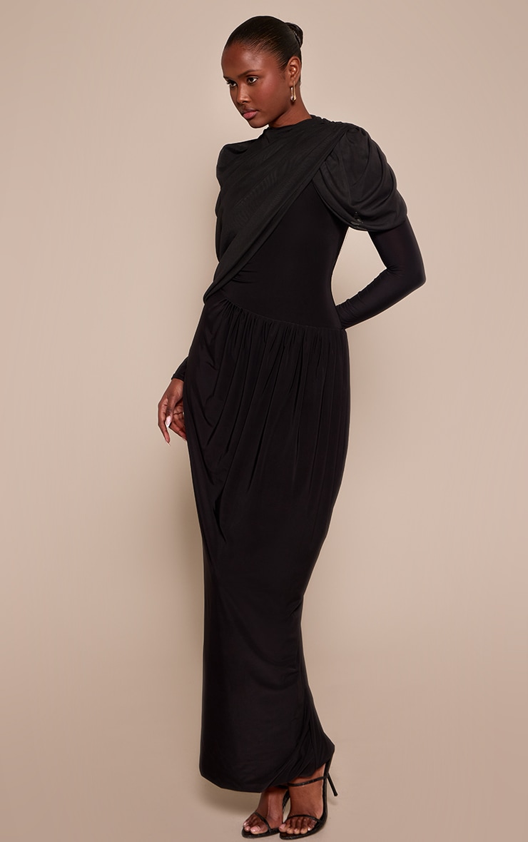 Black Overlay Detail Long Sleeve Maxi Dress image 3