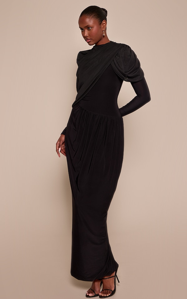 Black Overlay Detail Long Sleeve Maxi Dress