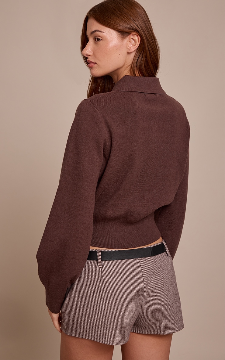 Brown Compact Knit Fabric Covered Button Cardigan image 2
