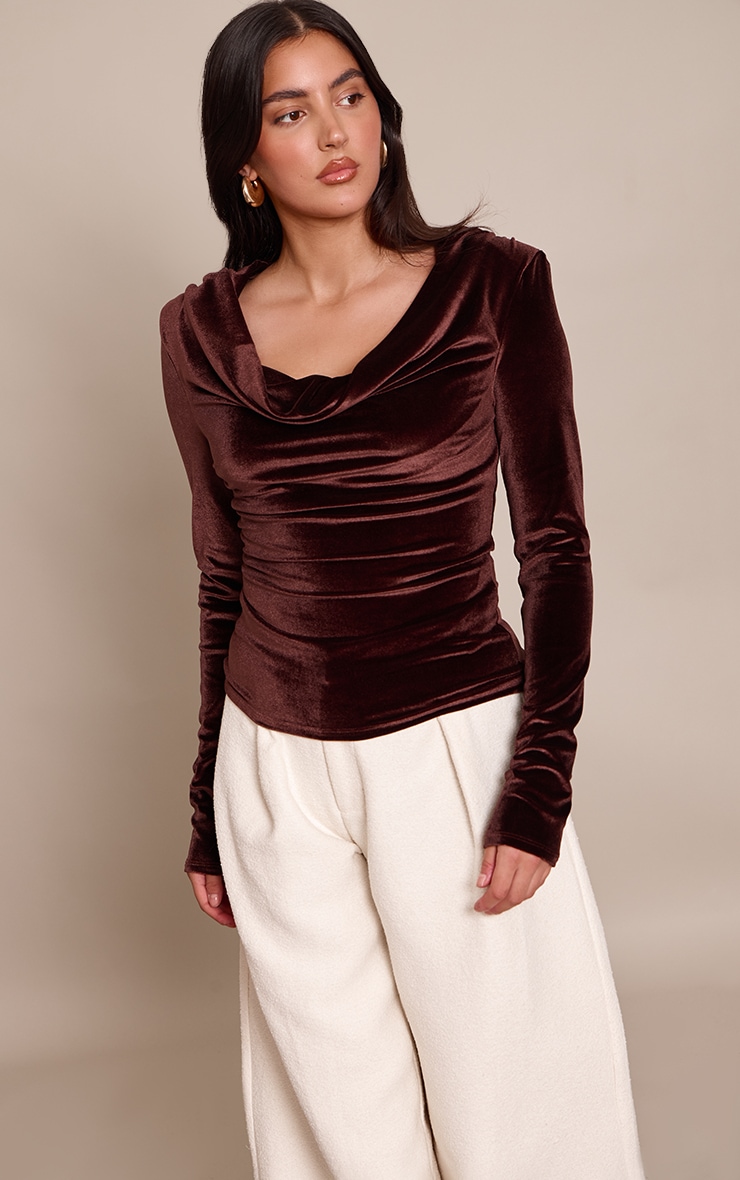 Brown Velvet Cowl Neck Long Sleeve Top image 1