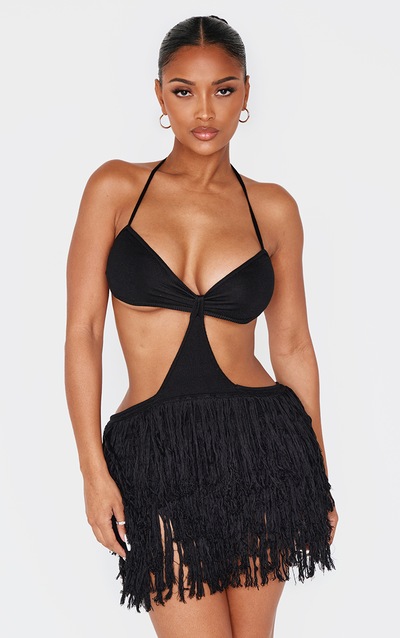 Shape Black Fringe Knit Cut Out Dress