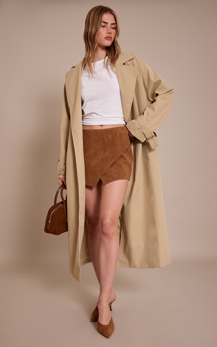 Camel Faux Suede Wrap Mini Skirt image 4