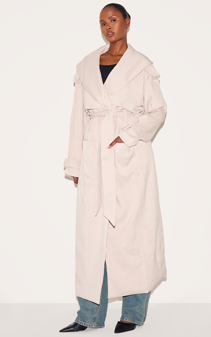 Ecru Textured Tie Detail Oversized Trench Coat image 3