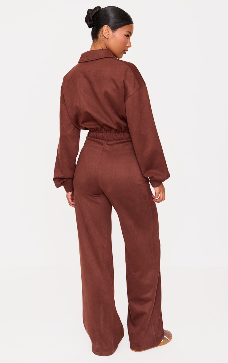 Chocolate Faux Suede Long Sleeve Straight Leg Jumpsuit image 2