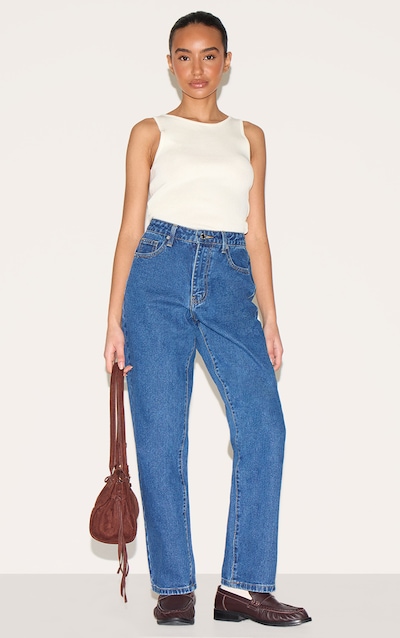 PRETTYLITTLETHING Petite Dark Blue High Waist Straight Leg Jeans