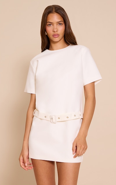 Cream Woven Oversized Short Sleeve Belted Mini Dress