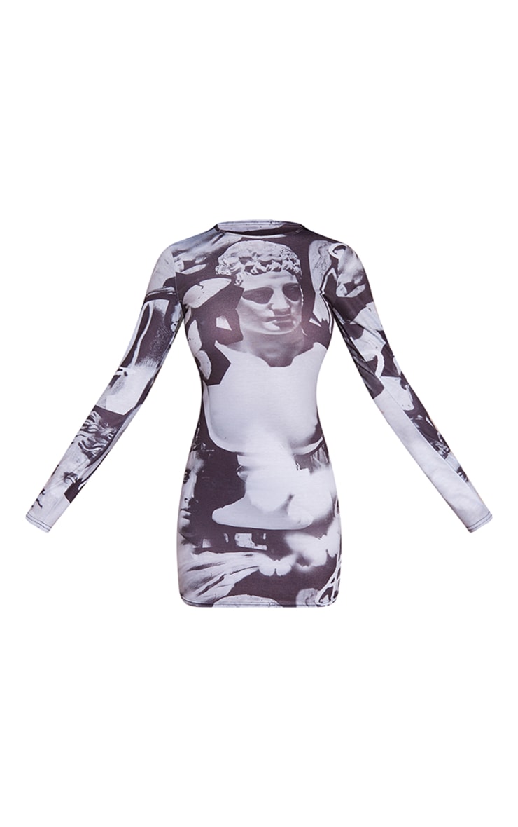 PRETTYLITTLETHING Grey Renaissance Print Long Sleeve Bodycon Dress image 5