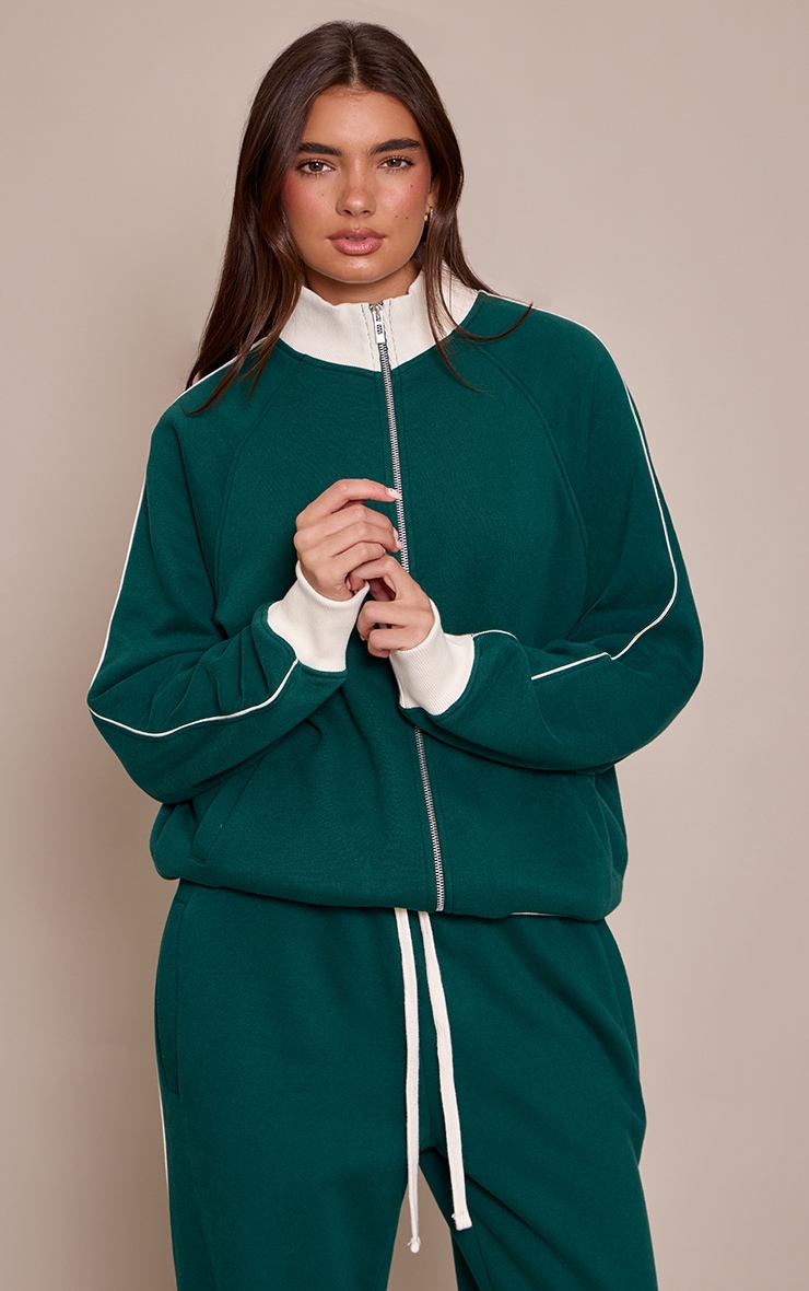 Forest Green Contrast Zip Up Funnel Neck Sweatshirt image 1
