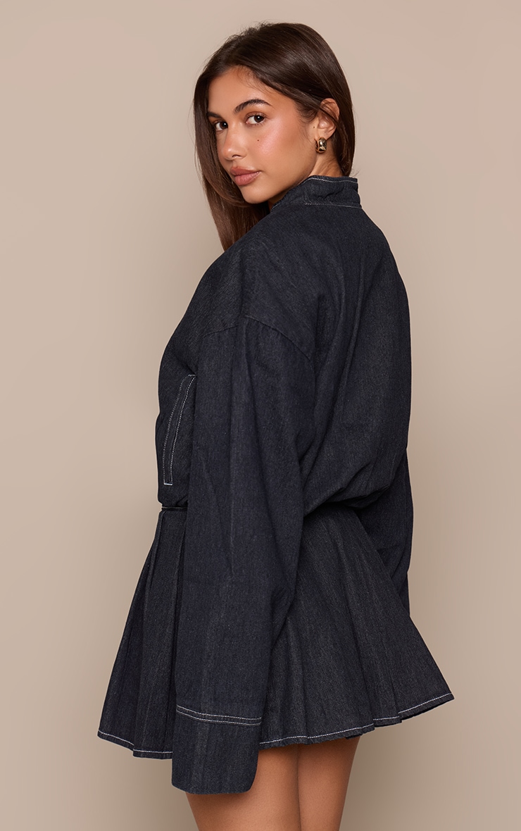 Indigo Bubble Hem Cropped Denim Bomber Jacket image 2