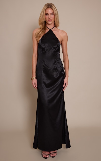 Black Satin Halterneck Tie Neck Maxi Dress