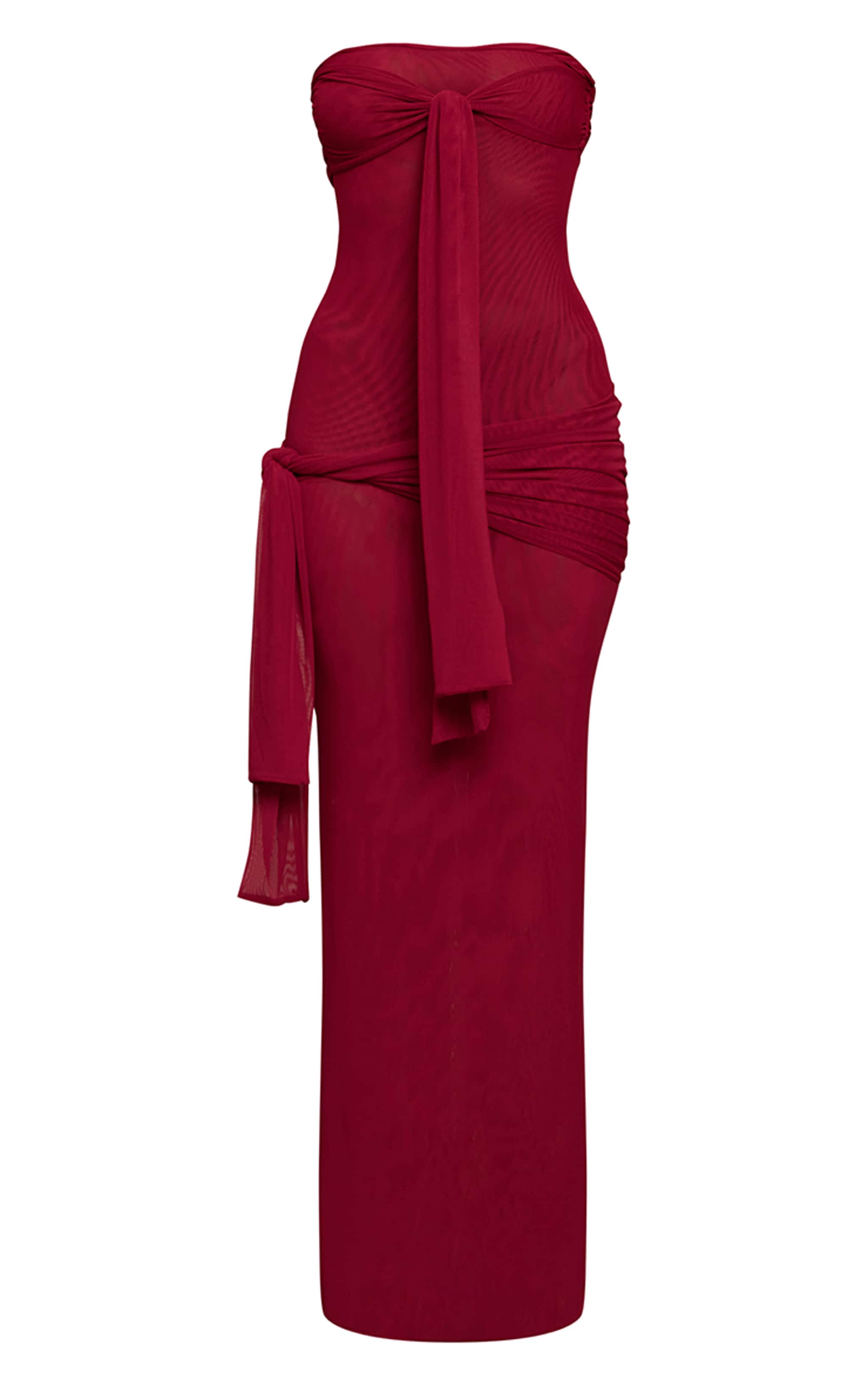 Burgundy Mesh Bandeau Knot Detail Maxi Dress image 5