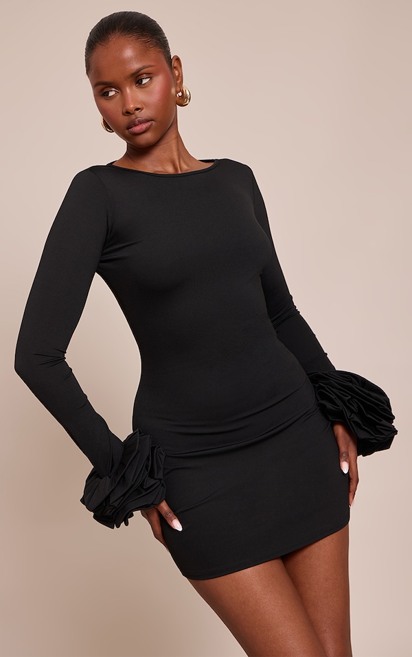 Black Boat Neck Puff Sleeve Bodycon Dress