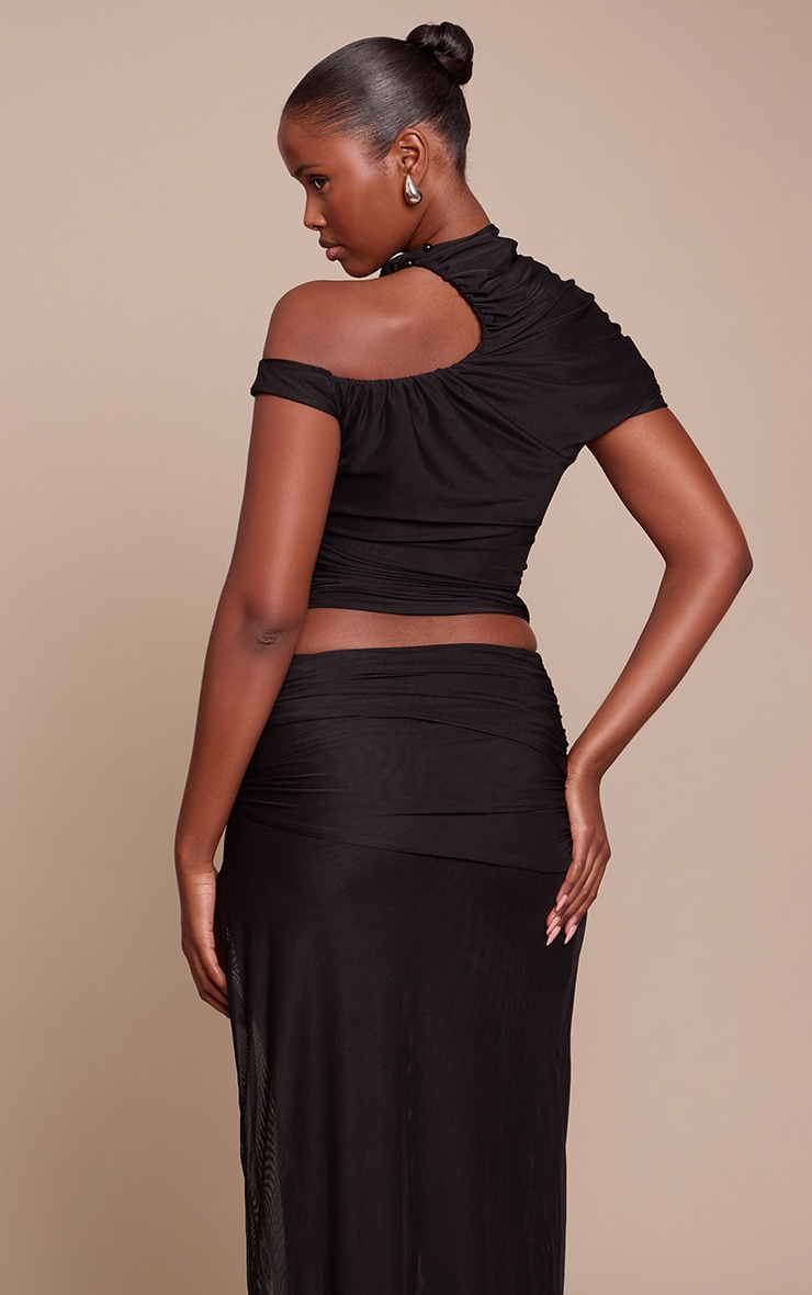 Black Double Layer Mesh Ruched Trim Detail Top image 2
