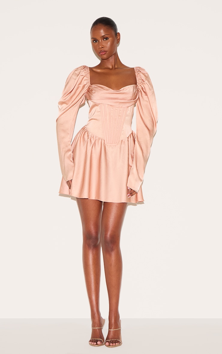 Dusty Peach Satin Corset Detail Puffball Skater Dress image 3
