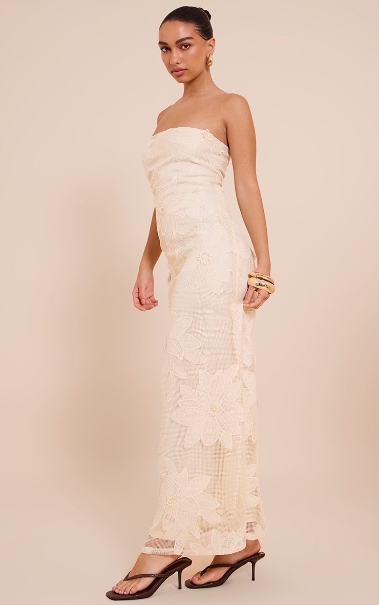 Natural Floral Embroidered Textured Bandeau Maxi Dress image 3
