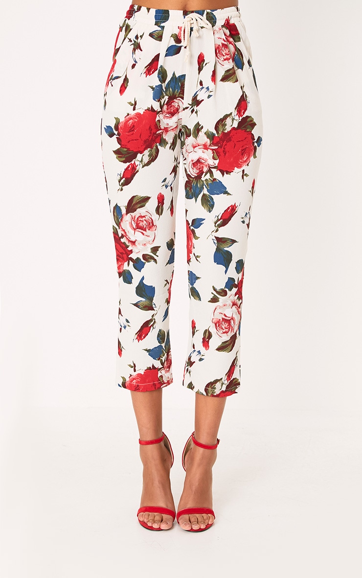 Cream Floral Trousers Trousers PrettyLittleThing