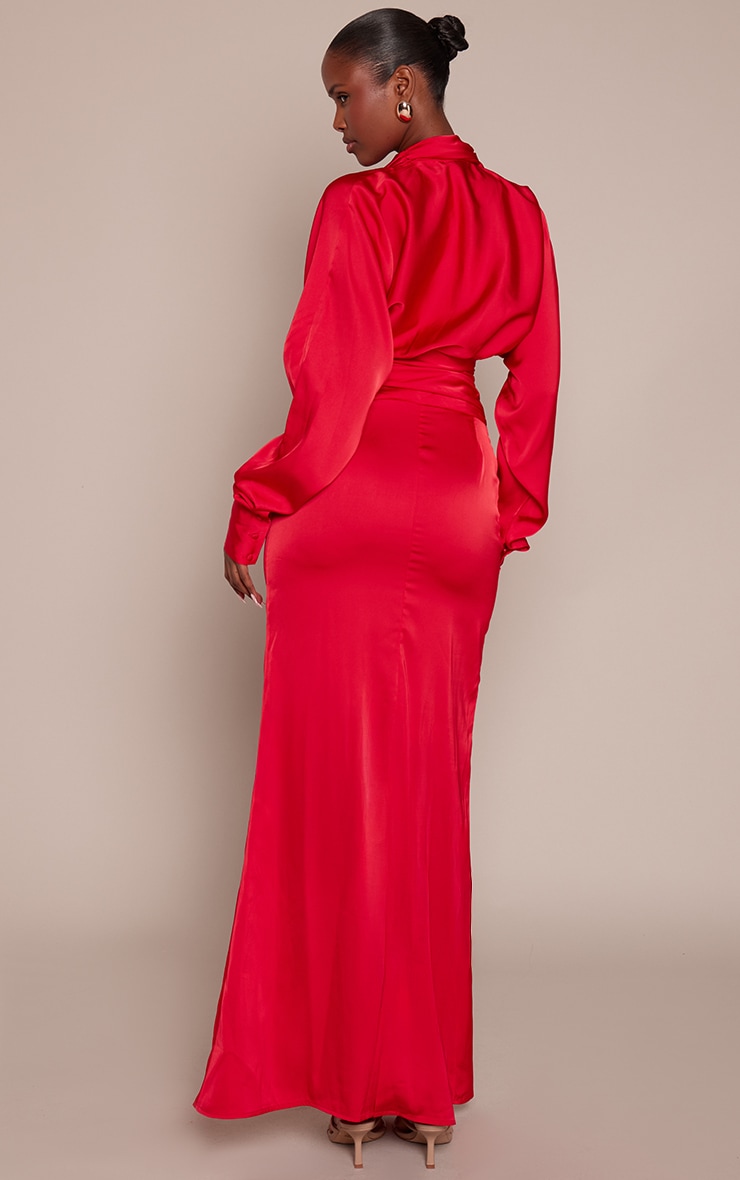 PLT Label Red Satin Long Sleeve Plunge Maxi Dress image 2