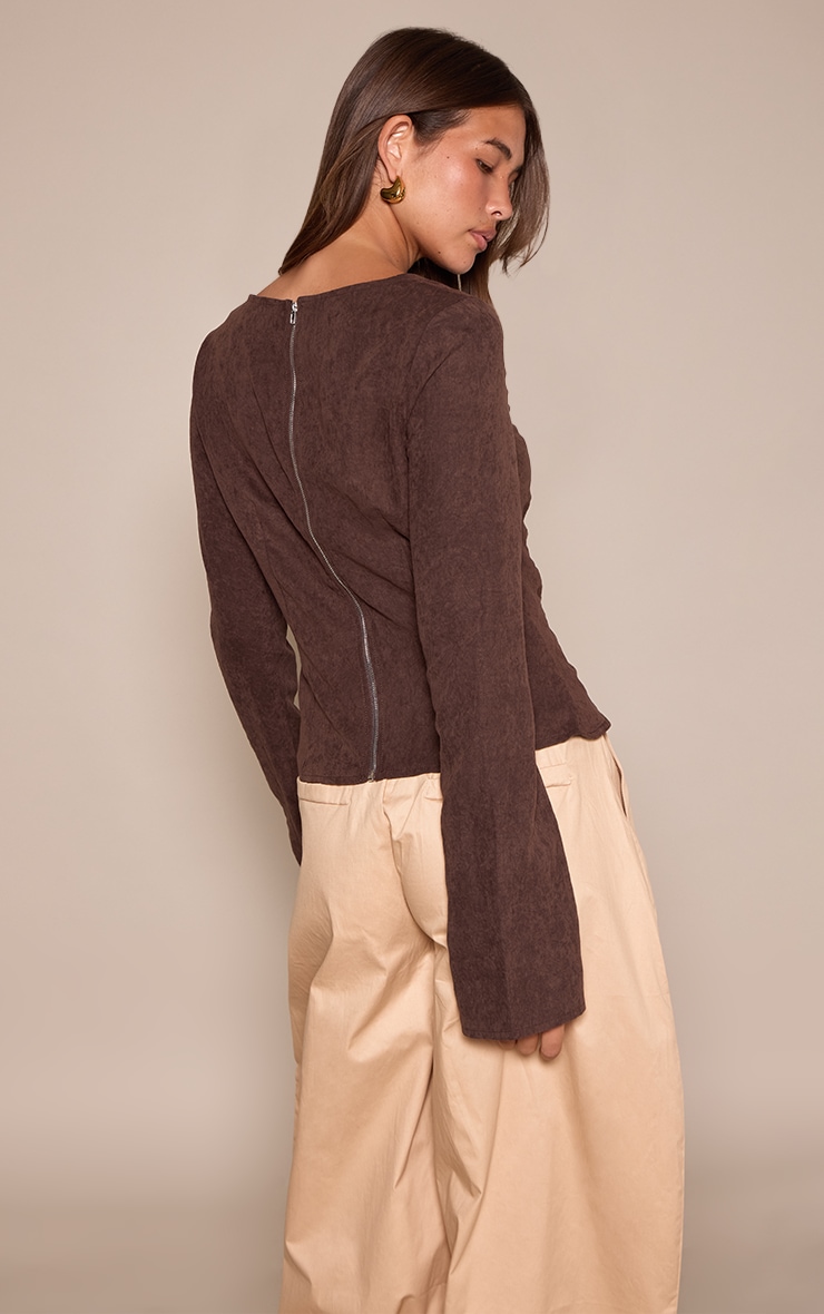 Chocolate Peachskin Ruched Front Fitted Top  image 2