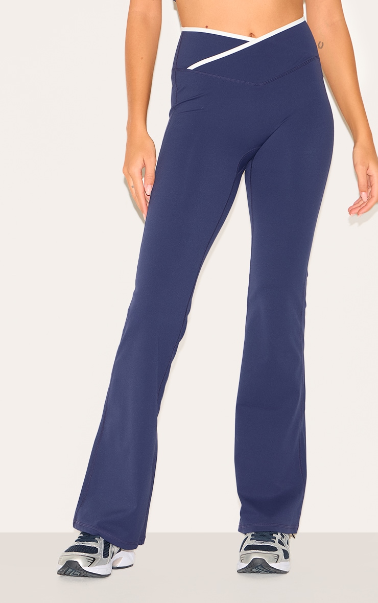 Navy Sculpt Binding Wrap Contrast Waist Yoga Pants image 2