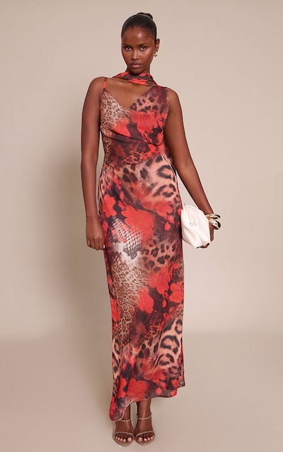 Leopard Floral Print Chiffon Scarf Maxi Dress