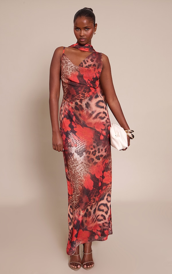 Robe longue en mousseline de soie léopard fleurie à détail foulard