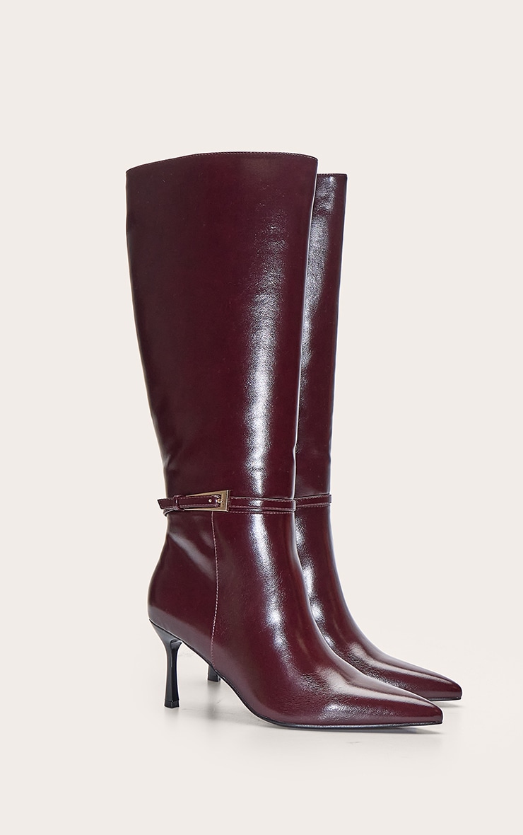 Burgundy Buckled Knee High Stiletto Heeled Boot image 3