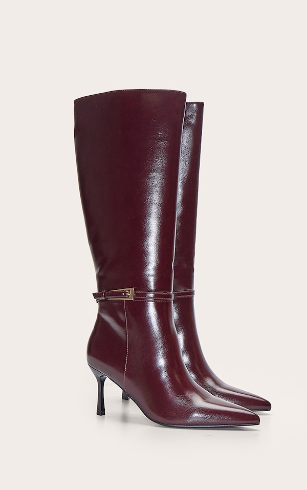 Burgundy Buckled Knee High Stiletto Heeled Boot