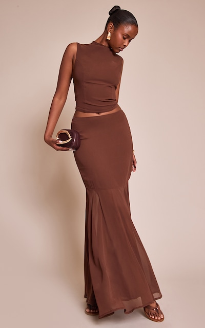 Jupe longue sirène en mousseline de soie marron chocolat
