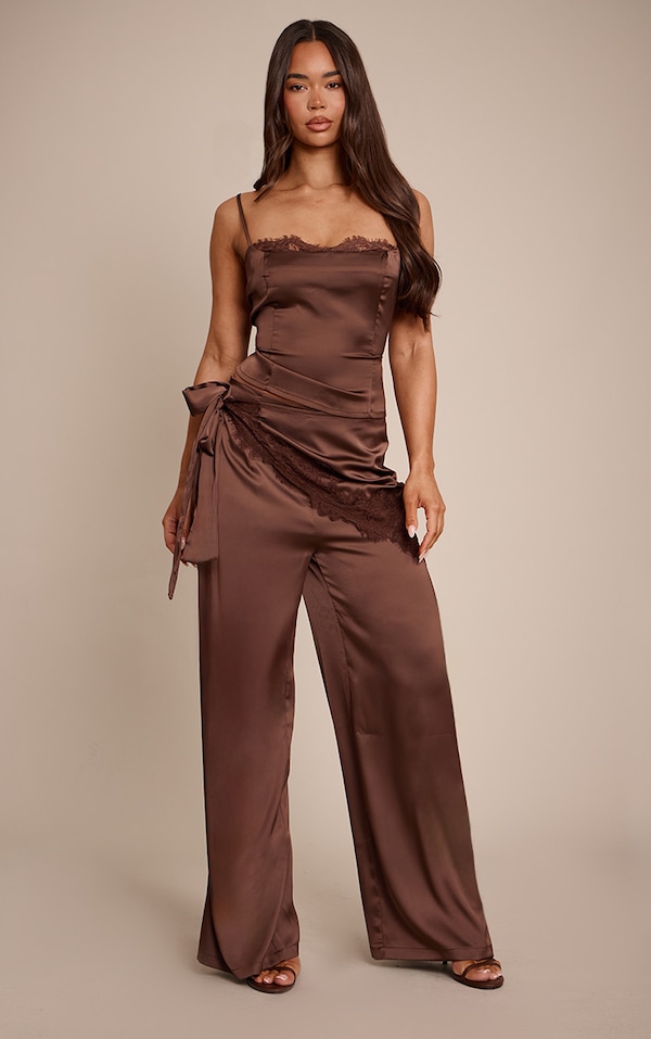 Chocolate Satin Scarf Wide Leg Pants