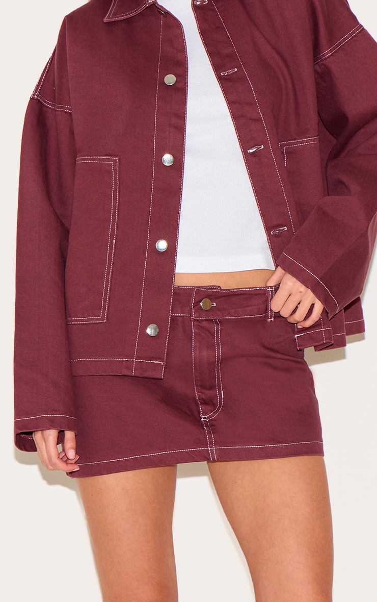 Burgundy Contrast Stitch Denim Mini Skirt image 5