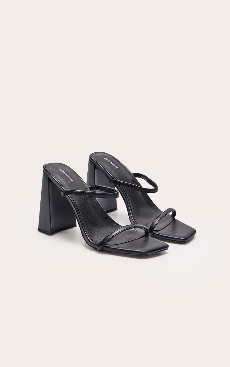 Black Pu Square Toe Double Strap High Block Heel Mules image 2