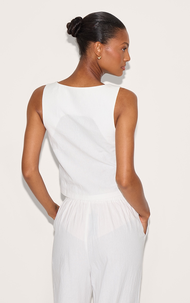 White Linen Look Tailored Scoop Neck Fitted Waistcoat image 2