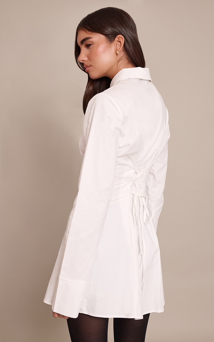 White Cotton Poplin Lace Up Back Shirt Dress image 2