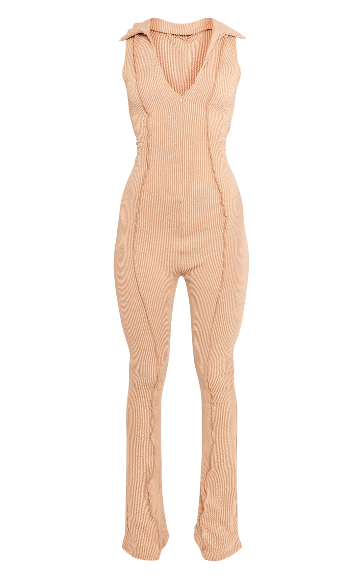 Beige Thick Rib Zip Front Collar Detail Jumpsuit image 5