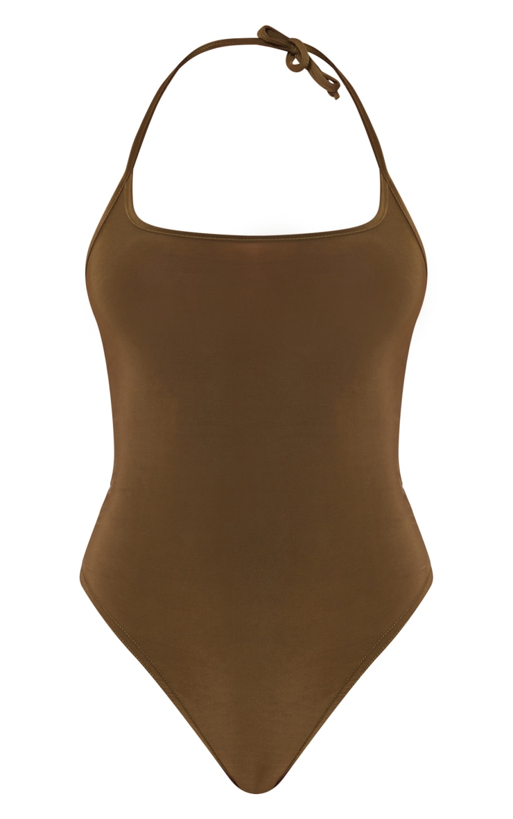Khaki Slinky Halter Bodysuit Tops PrettyLittleThing KSA
