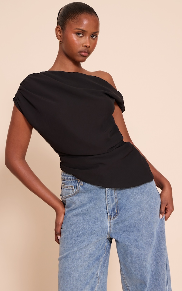 Black Chiffon Asymmetric Drapey Long Top