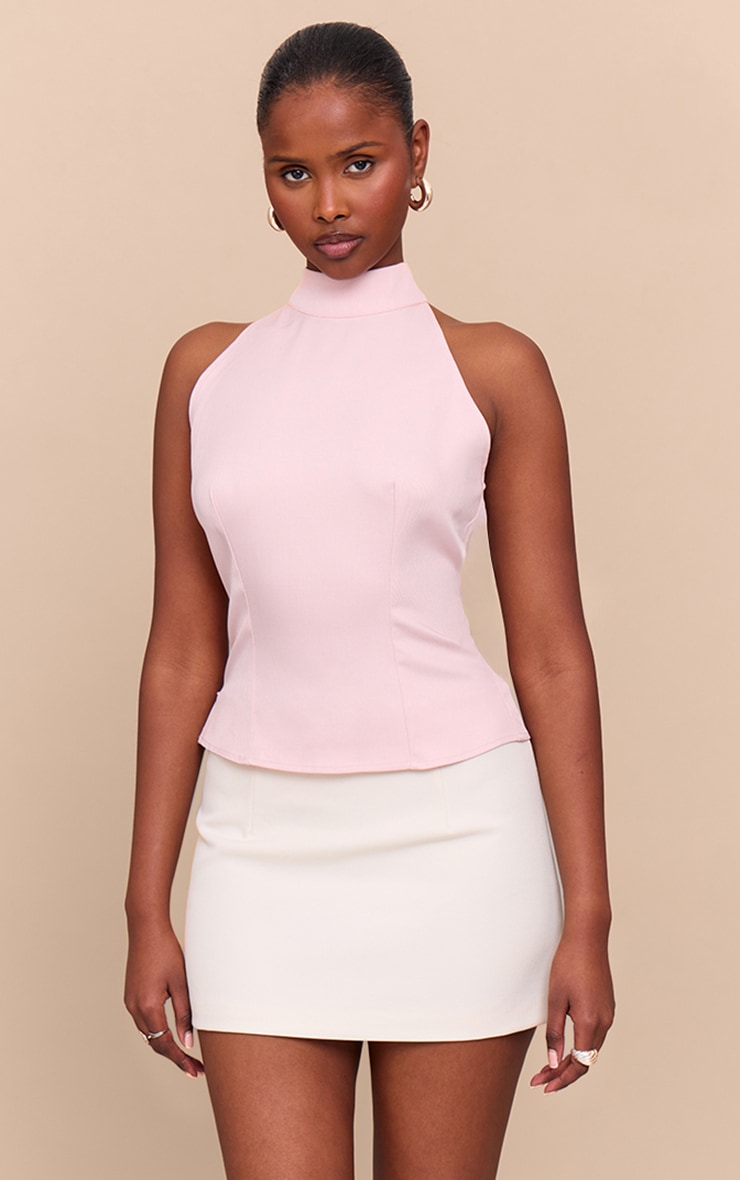 Pale Pink Woven High Neck Tie Detail Top image 1