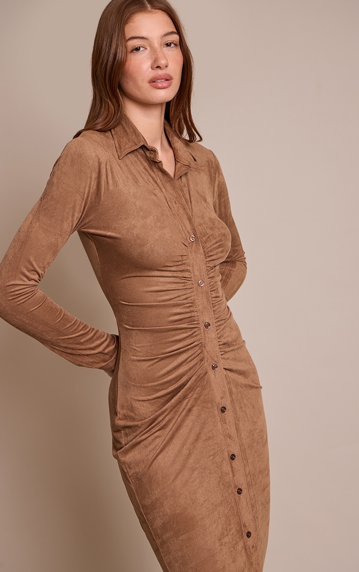 Chocolate Faux Suede Long Sleeve Ruched Button up Maxi Dress image 4