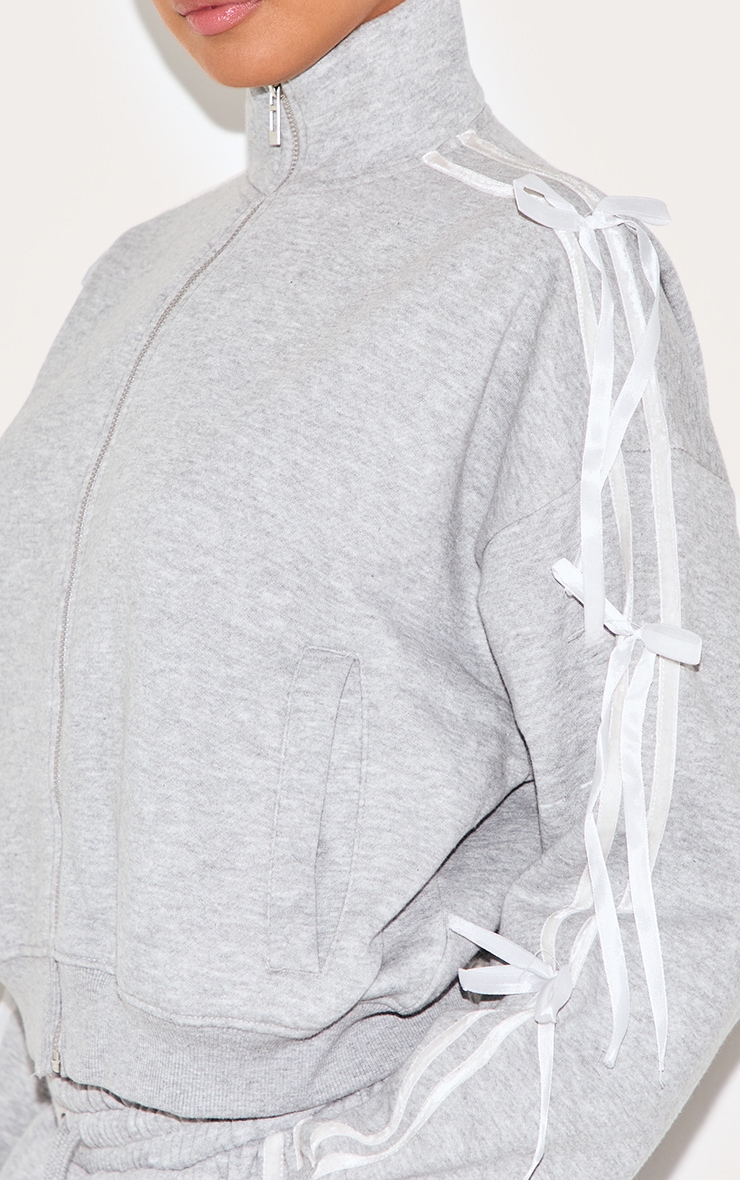 Grey Marl Velvet Bow Detail Oversized Zip Up Sweatshirt image 4
