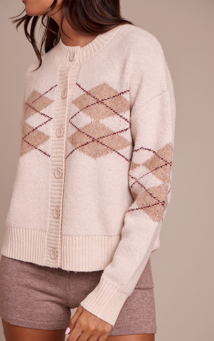 Beige Argyle Button Through Cardigan image 4
