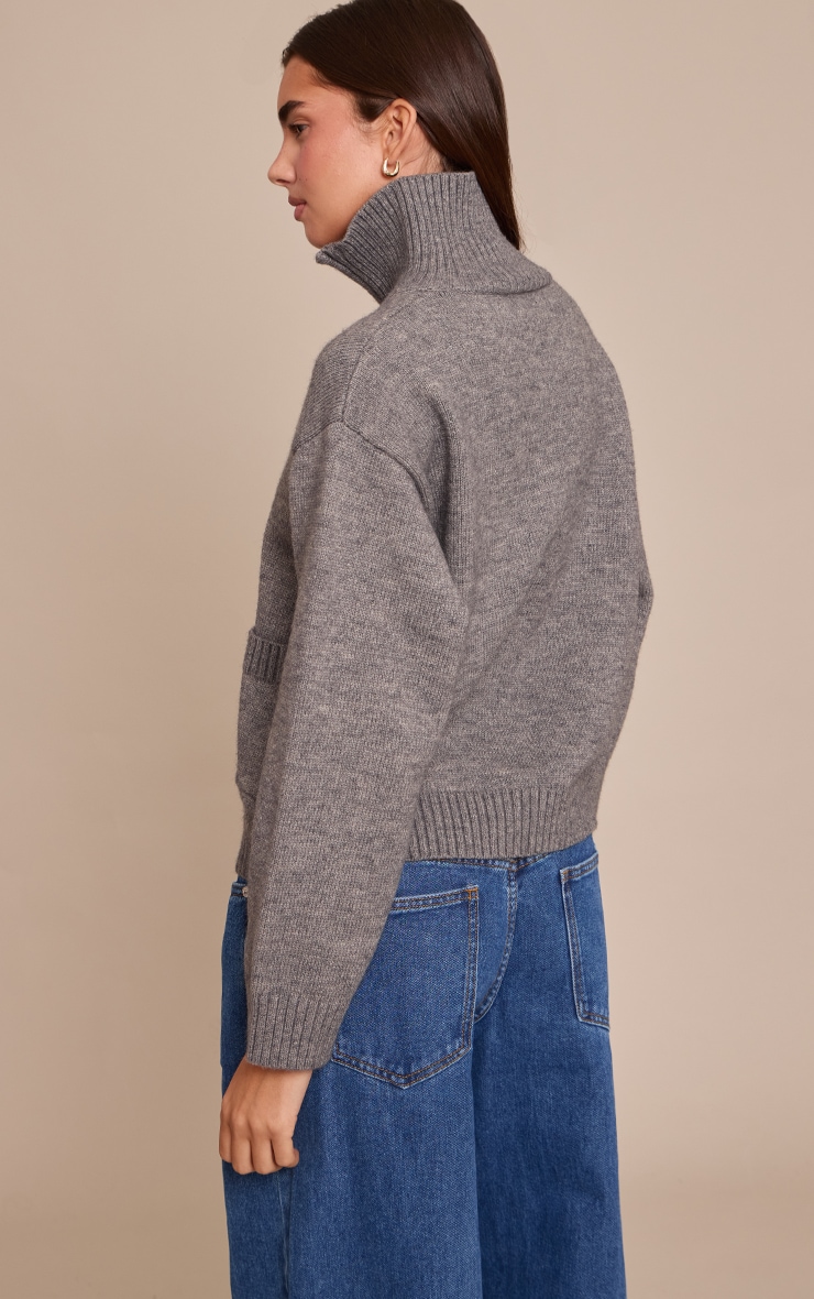 Charcoal Quarter Zip Knit Funnel Neck Jumper image 2